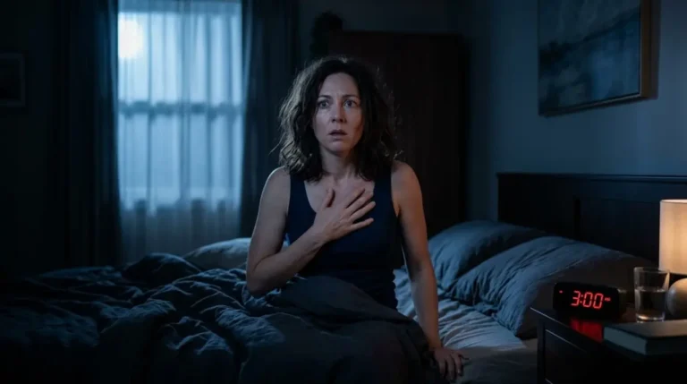 Mulher acordando assustada as tres da manha com crise de ansiedade