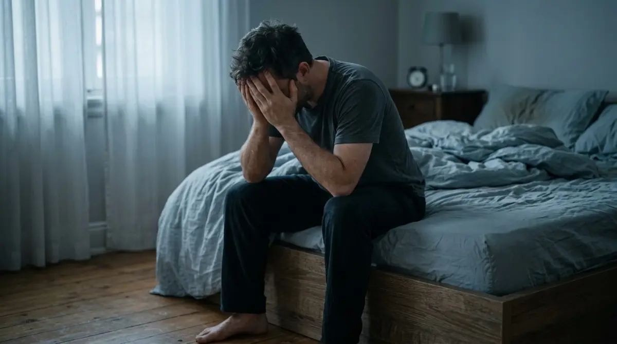 Homem sentado na beira da cama pela manha se sentindo exausto mesmo apos dormir
