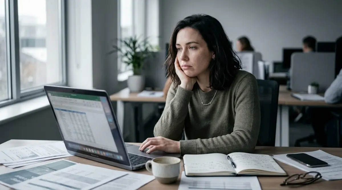 Mulher com dificuldade de concentracao olhando para a tela do notebook no trabalho