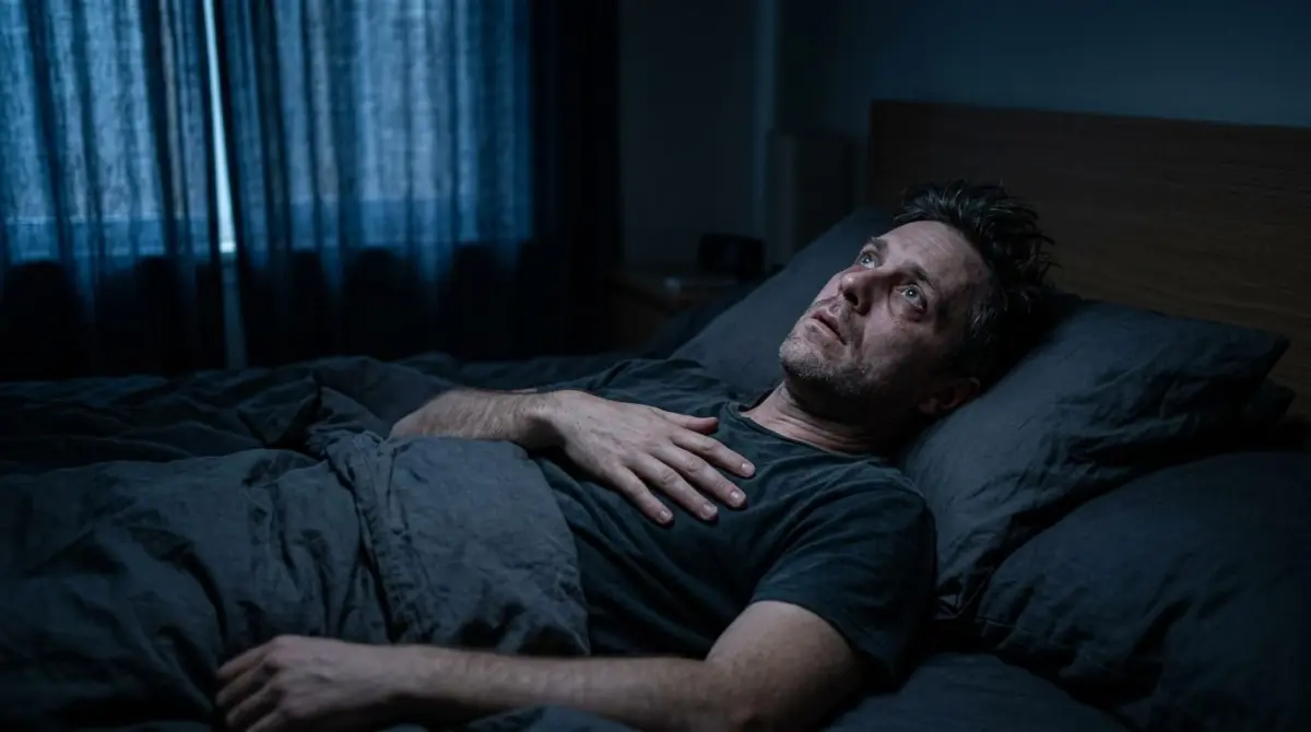 Homem deitado na cama a noite com a mao no peito sem conseguir dormir