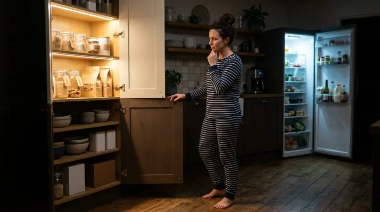 Uma mulher de pijama em pé diante de um armário de cozinha aberto à noite, luz suave da geladeira ao fundo, expressão pensativa, sem rótulos legíveis (comer por ansiedade)