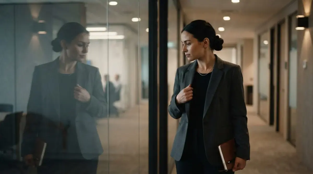 Mulher ajustando o blazer e evitando o proprio reflexo no vidro antes de entrar em uma reuniao, sinal de ansiedade social