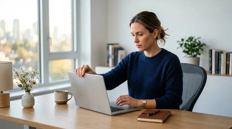 Uma mulher em uma mesa de trabalho arrumada, abrindo o notebook com expressão decidida, luz natural da manhã (como sair da procrastinação)