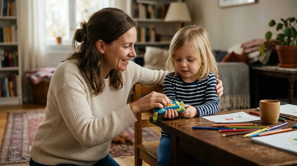 Mae entregando brinquedo sensorial para o filho de forma gentil e sem broncas