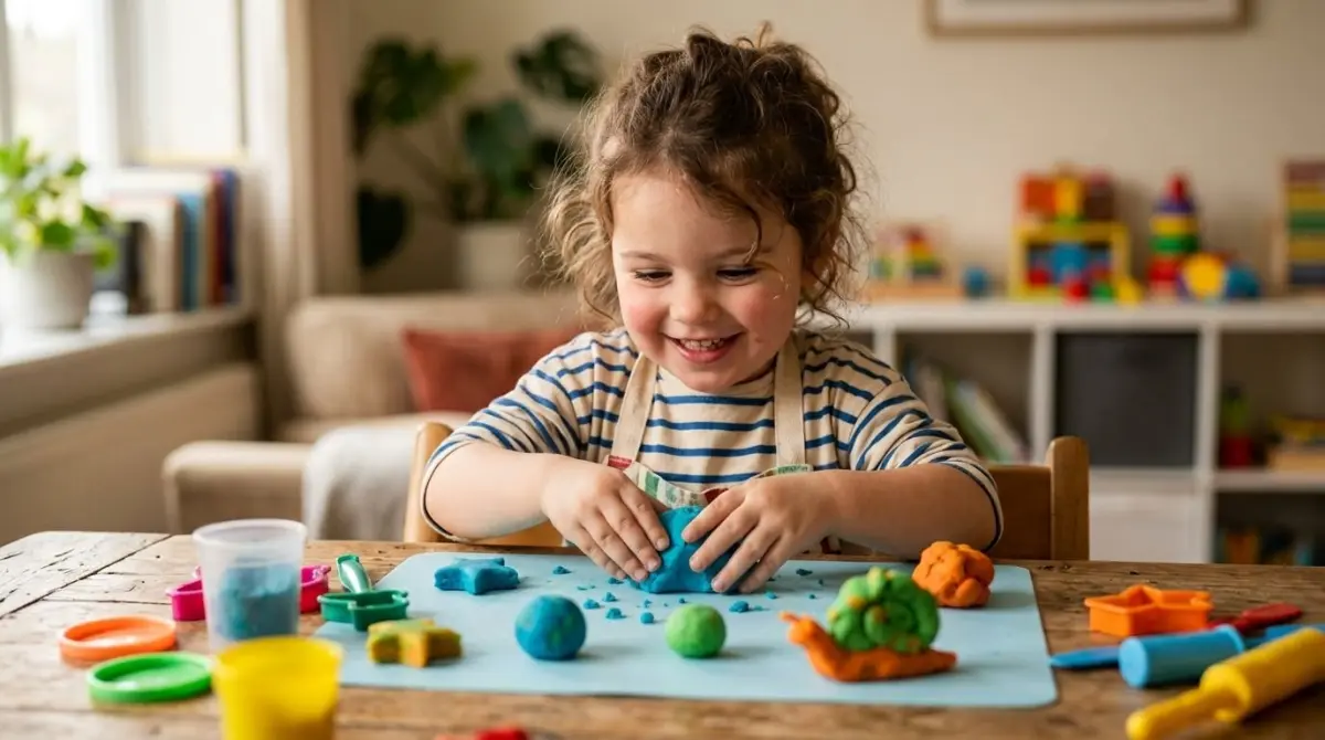 Crianca sorridente brincando com massinha de modelar totalmente concentrada