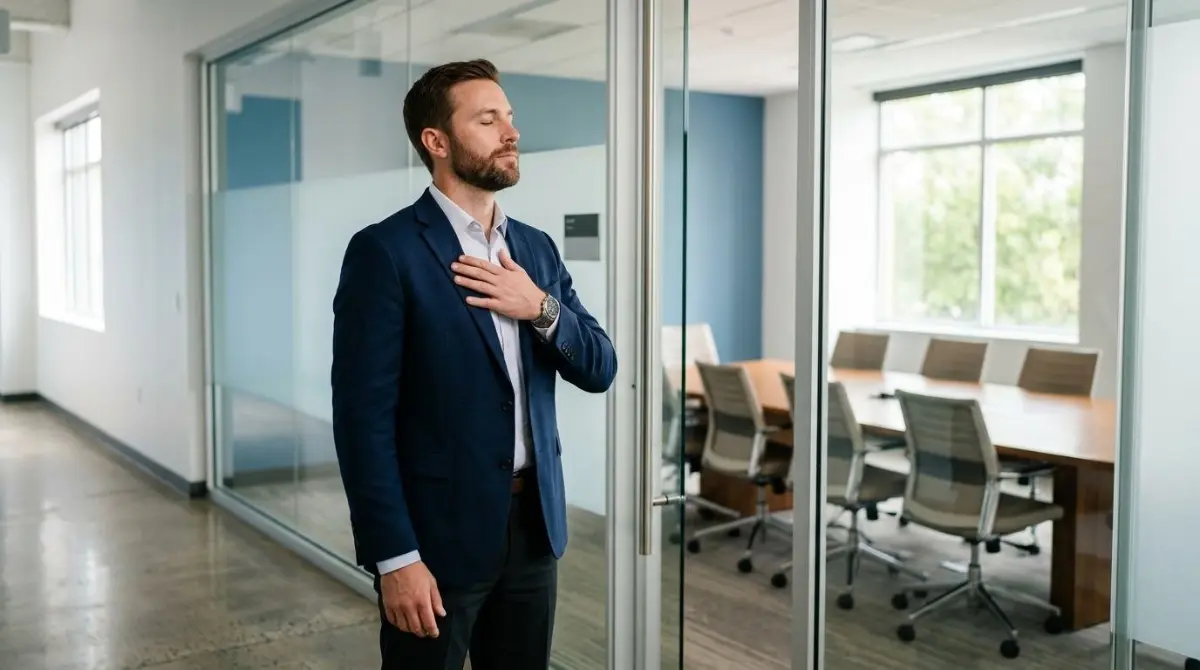 Um homem em pé diante de uma sala de reunião vazia, respirando fundo antes de entrar, luz natural (falta de confiança)