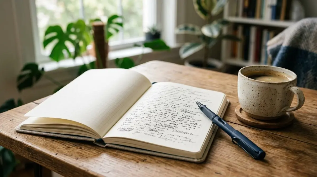 Um caderno aberto com anotações curtas à mão ao lado de uma caneta e de uma xícara, luz suave de janela (falta de confiança)