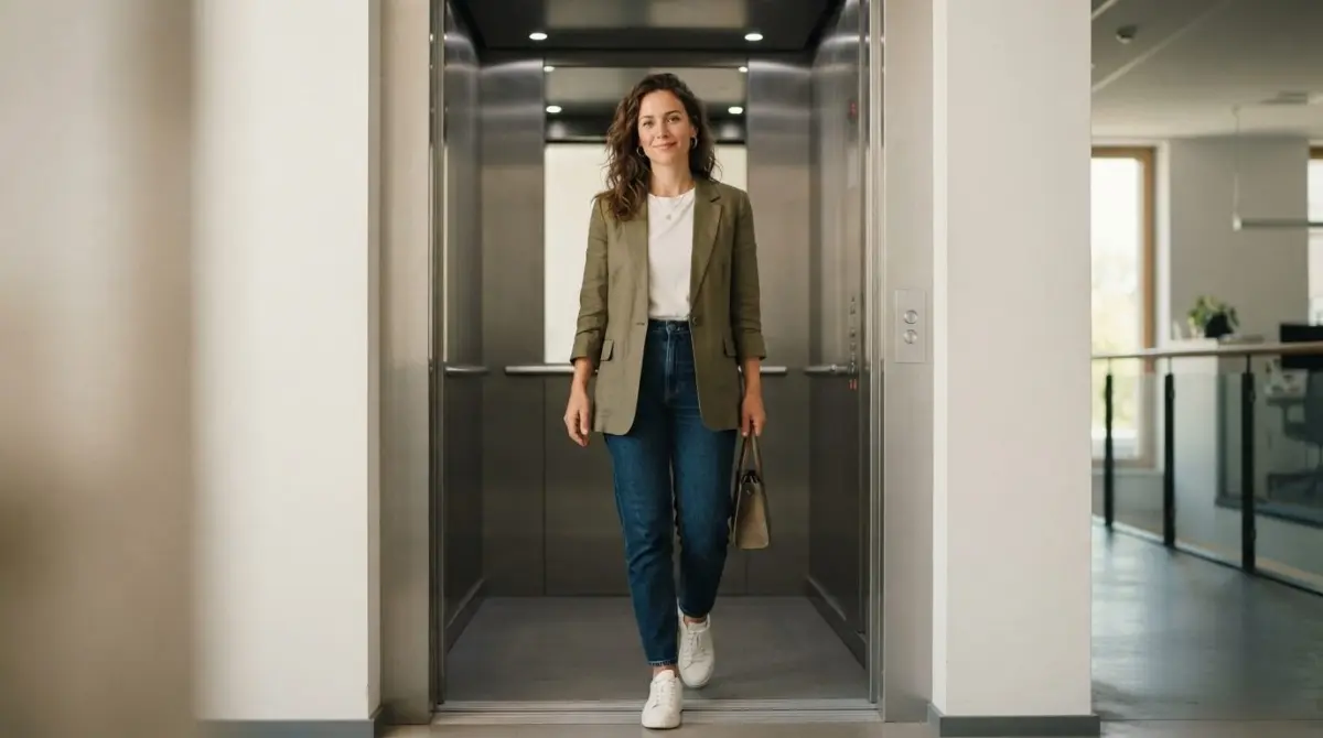 Mulher confiante e tranquila saindo do elevador com as portas abertas, sinal de progresso na exposicao gradual ao medo