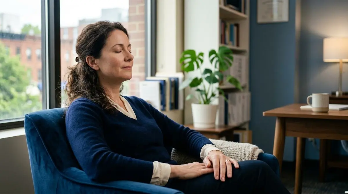 Uma mulher adulta sentada numa poltrona de consultório, ombros relaxados e olhos fechados, luz difusa da janela, ambiente sereno (hipnose para emagrecer)
