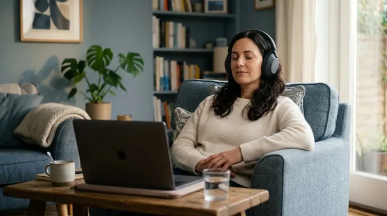 Uma mulher adulta sentada numa poltrona confortável de casa, notebook sobre uma mesa baixa à frente, fones de ouvido, olhos fechados e expressão calma, luz suave de fim de tarde (hipnoterapia online)
