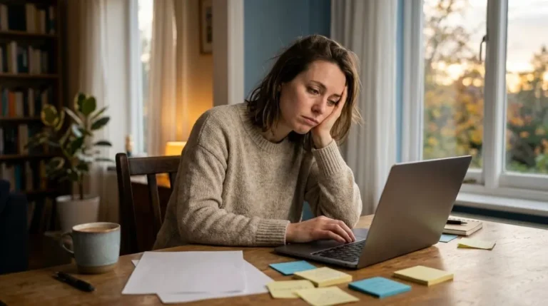Uma mulher em frente a um notebook com vários papéis e post-its espalhados na mesa, expressão de cansaço, luz natural de fim de tarde (mente acelerada)