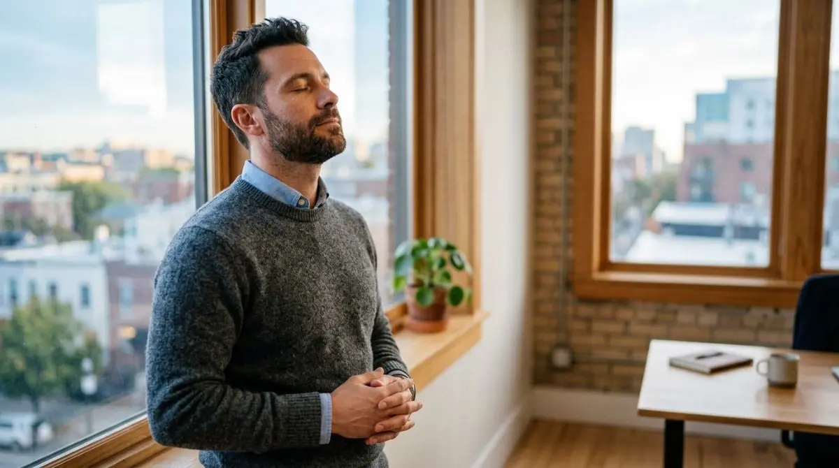 Um homem de olhos fechados respirando fundo à janela de um escritório, luz suave da manhã, mãos relaxadas (mente acelerada)