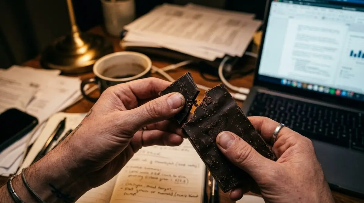 Mao quebrando barra de chocolate amargo sobre mesa de trabalho estressante