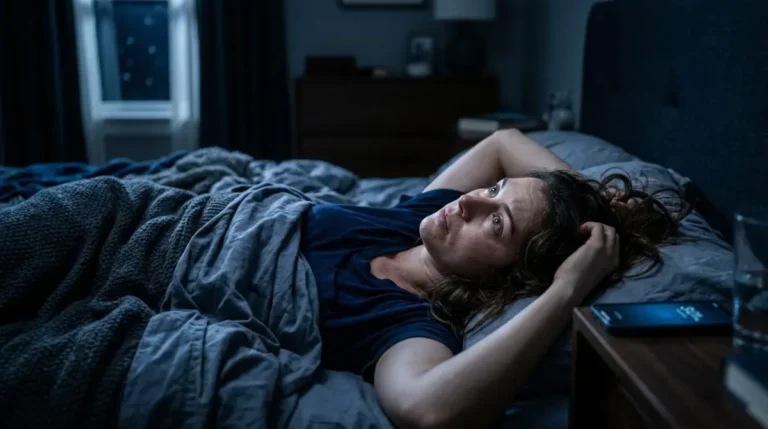 Mulher deitada na cama acordada as tres da manha olhando para o teto