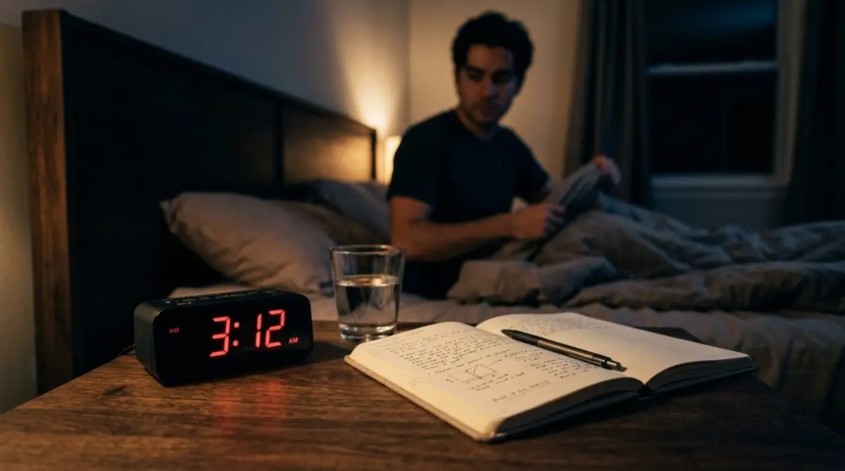 Relogio digital marcando tres e doze da manha ao lado de um diario de sono