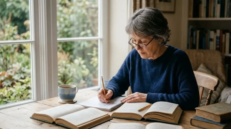 Uma mulher madura em uma mesa de estudo com livros abertos e um caderno, luz natural de janela, expressão concentrada (neurociência comportamental)