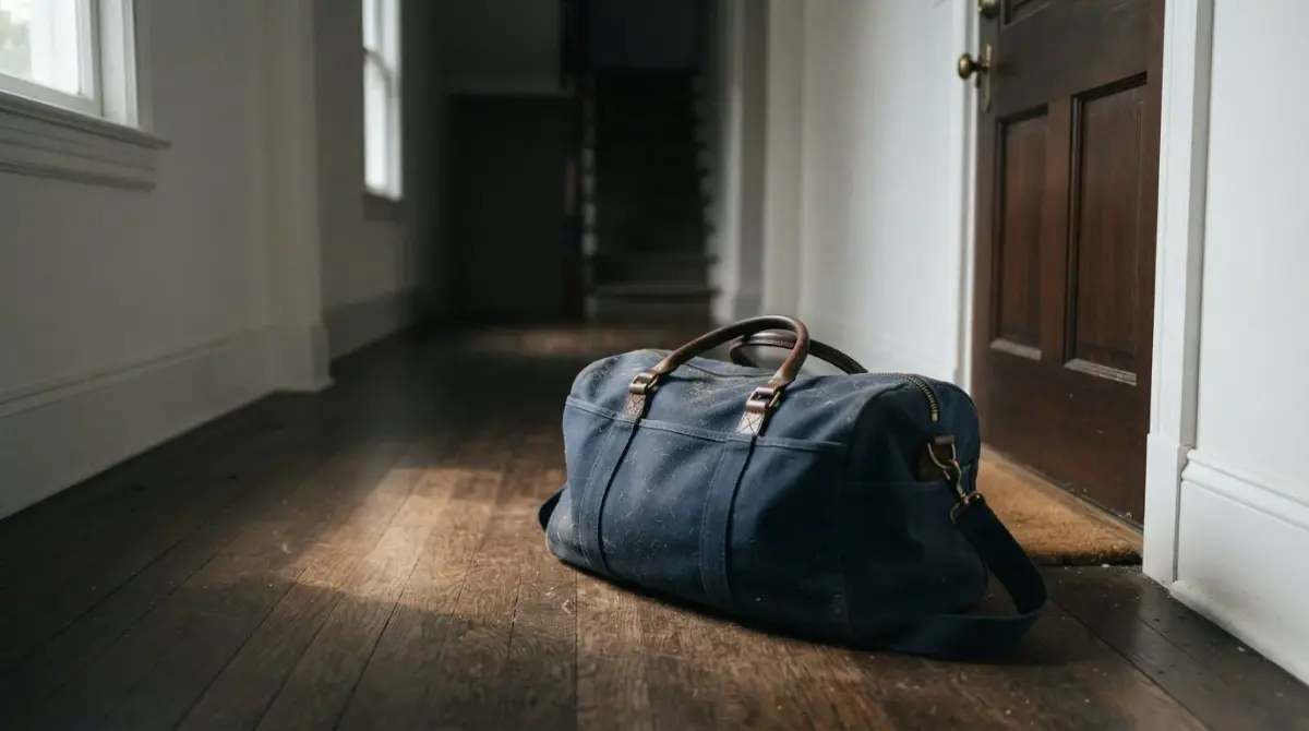 Mochila de academia parada e empoeirada ao lado da porta apos dias, simbolizando o ciclo de autossabotagem se fechando