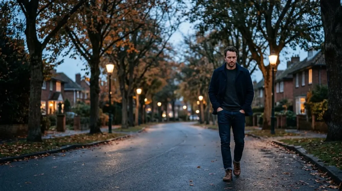 Um homem caminhando sozinho por uma rua arborizada ao entardecer, mãos nos bolsos, ritmo tranquilo (pensar demais)