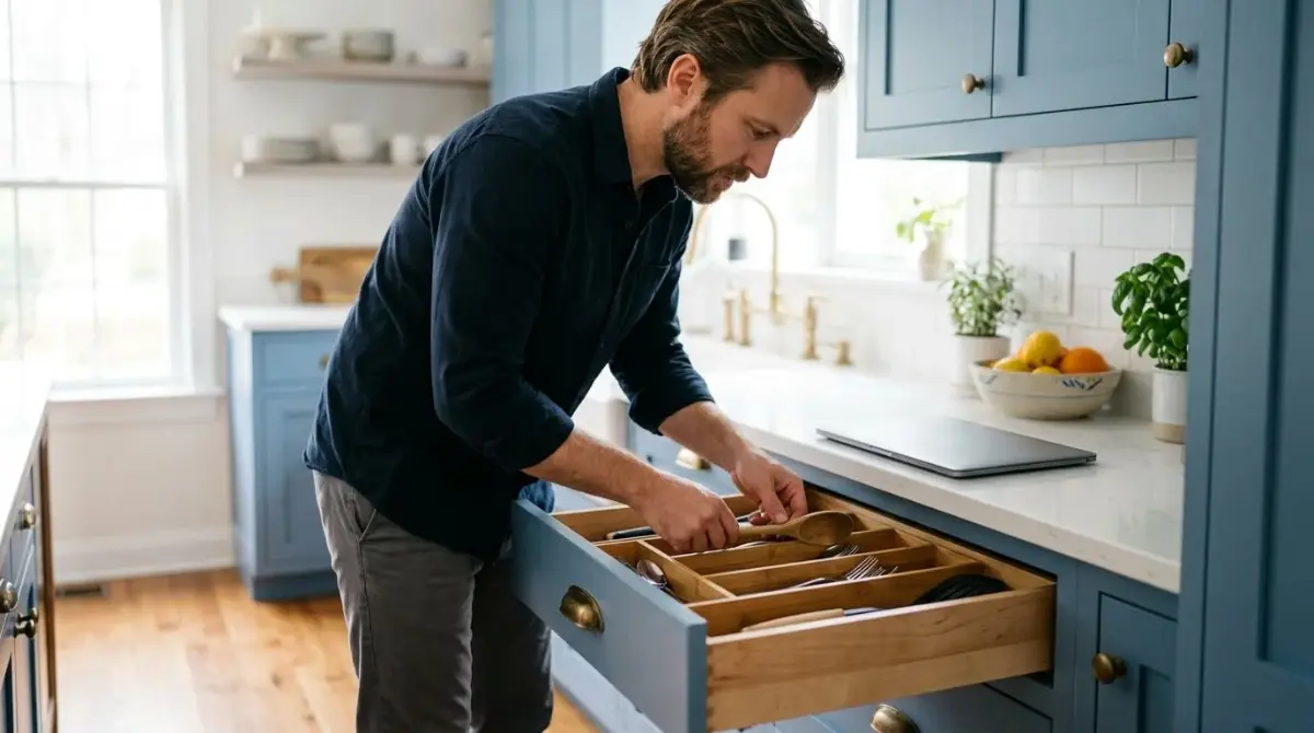 Um homem em uma cozinha arrumando uma gaveta enquanto um notebook fechado descansa ao fundo na bancada, luz suave (o que causa a procrastinação)