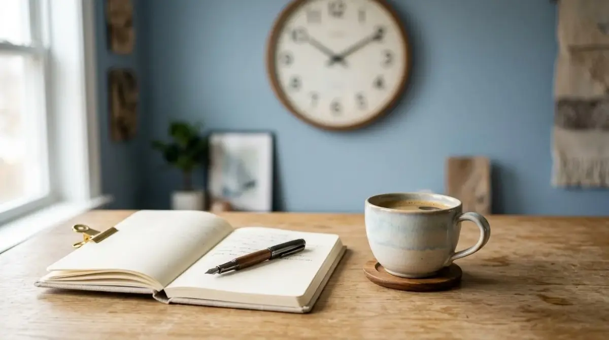 Uma mesa de trabalho com xícara de café, caderno e caneta, relógio de parede desfocado ao fundo, sem pessoas e (o que causa a procrastinação)