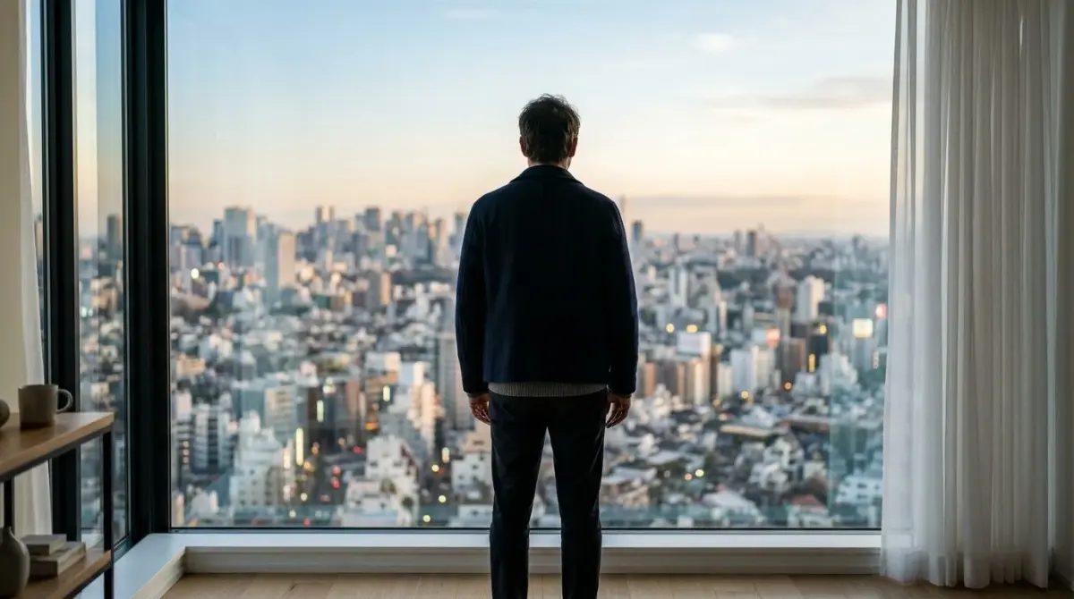 Um homem de costas diante de uma janela, ombros levemente curvados, cidade desfocada ao fundo, luz de fim de tarde (sinais de baixa autoestima)