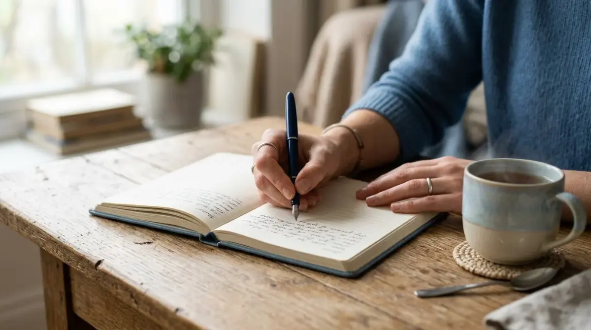 Mãos escrevendo em um caderno aberto sobre uma mesa de madeira, com uma xícara ao lado, luz da manhã (sinais de baixa autoestima)