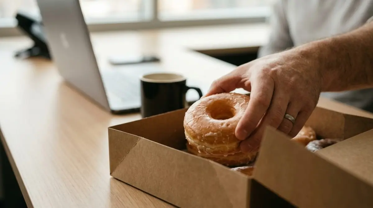 Mao pegando rosquinha na caixa de docinhos na mesa do escritorio pela manha