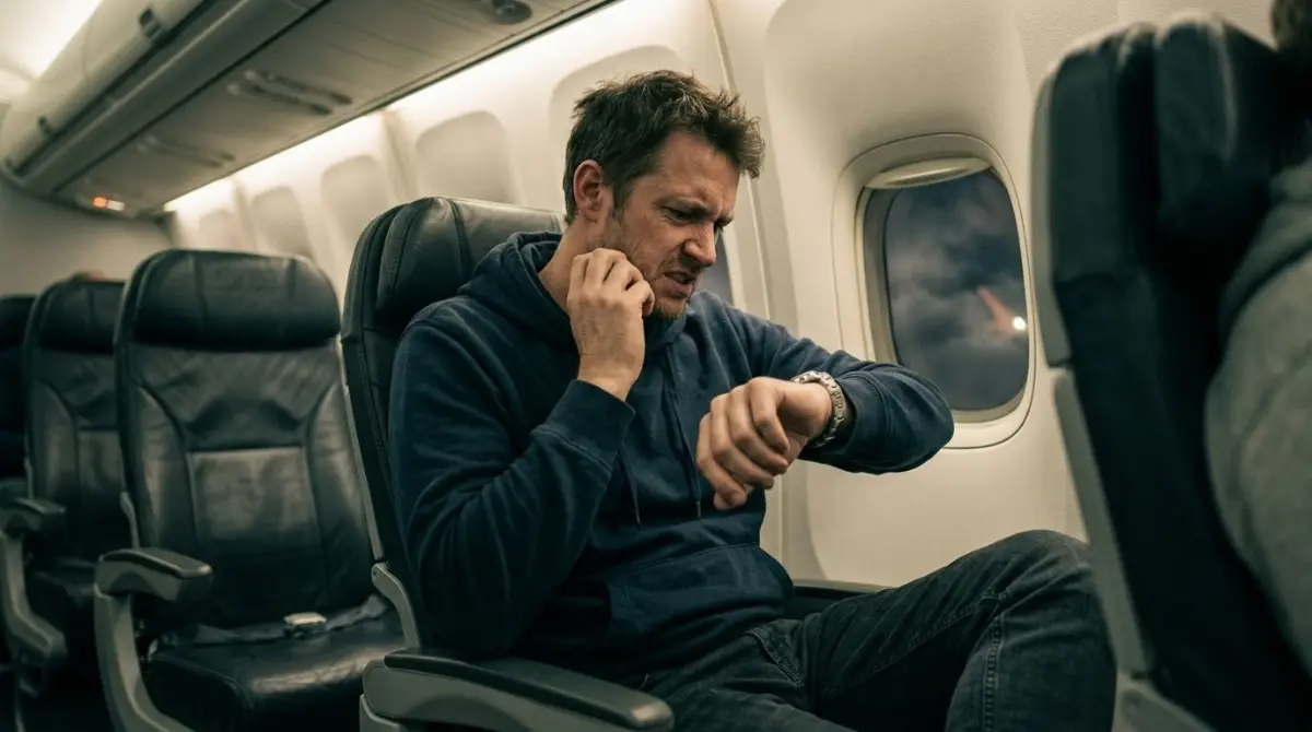 Homem inquieto e irritado sentado no aviao sem poder fumar durante o voo