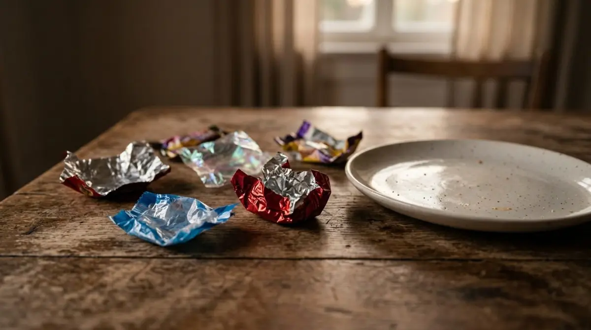 Embalagens vazias de doces espalhadas na mesa apos episodio de compulsao