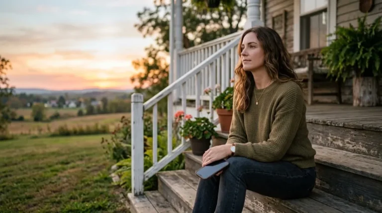 Uma mulher sentada em uma escada de casa com o celular no colo e olhar para o horizonte, luz suave de fim de tarde