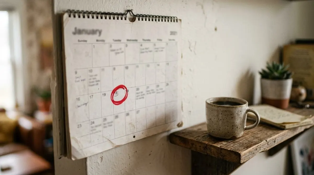 Um calendário de parede com um dia circulado e uma xícara ao lado, luz natural