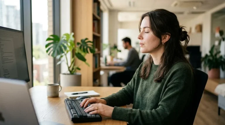 Uma mulher em uma mesa de escritório com as mãos sobre o teclado e um instante de pausa, respiração profunda, luz natural