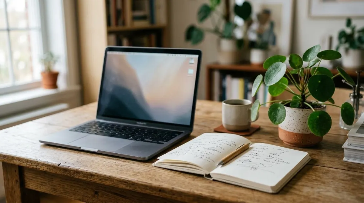 Uma mesa de trabalho organizada com uma planta e um caderno aberto ao lado do notebook, luz suave