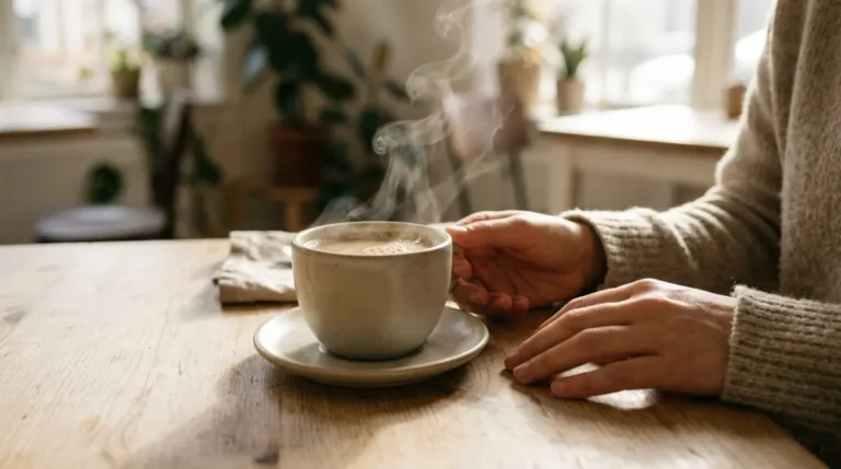 Xícara de café fumegante sobre mesa de madeira ao lado de mãos relaxadas pela manhã