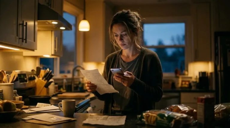 Mulher na cozinha ao entardecer com celular e lista de papel nas mãos, carga mental invisível