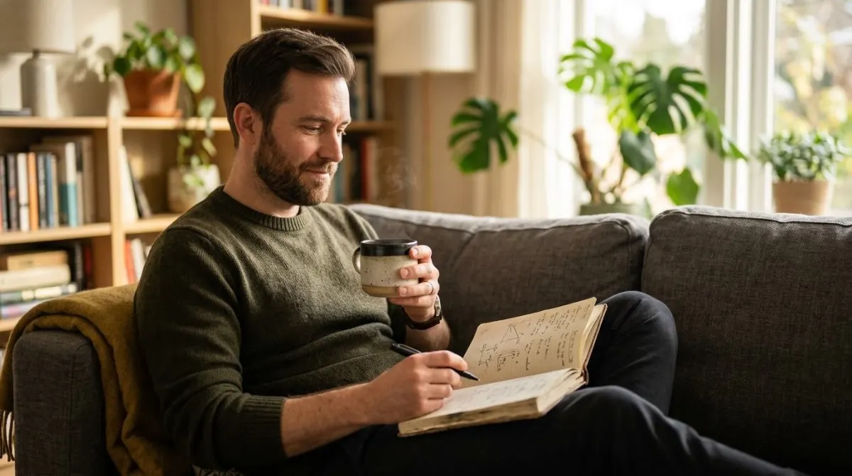 Um homem sentado no sofá com um caderno aberto e uma xícara, expressão tranquila