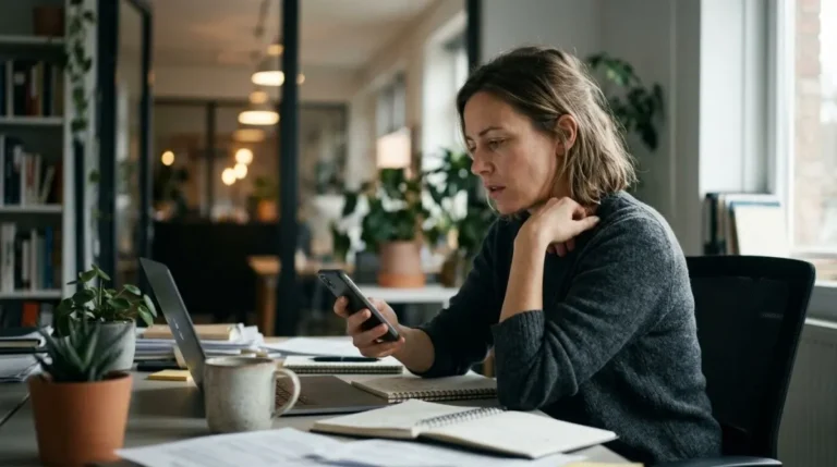 Mulher na mesa de trabalho olhando o celular com dúvida antes de responder a um pedido