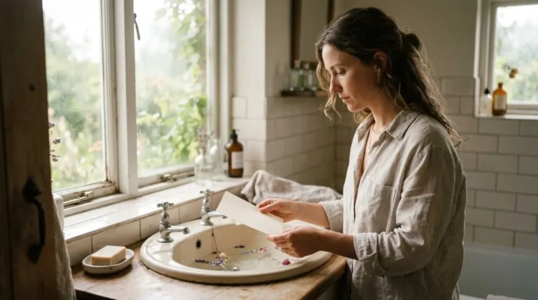 Uma mulher queimando um papel em branco em uma pia de cerâmica em ritual simbólico, luz suave