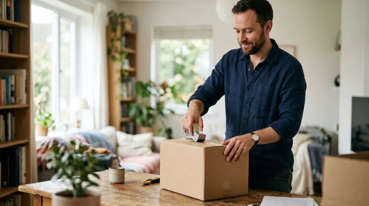 Um homem fechando uma caixa de papelão em um quarto claro com luz natural, expressão serena