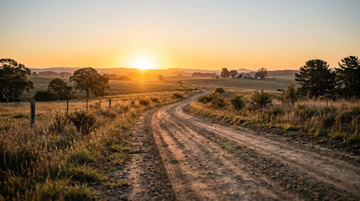 Uma estrada de terra ao amanhecer com luz dourada e céu limpo e