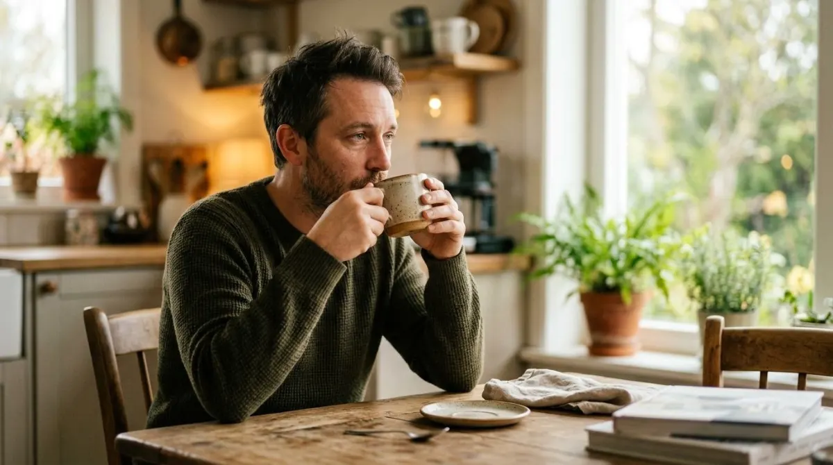 Um homem tomando café à mesa de uma cozinha clara, olhar cansado e calmo