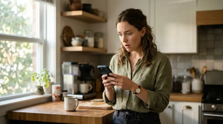 Uma mulher em uma cozinha olhando o celular com expressão de surpresa contida, luz natural de manhã