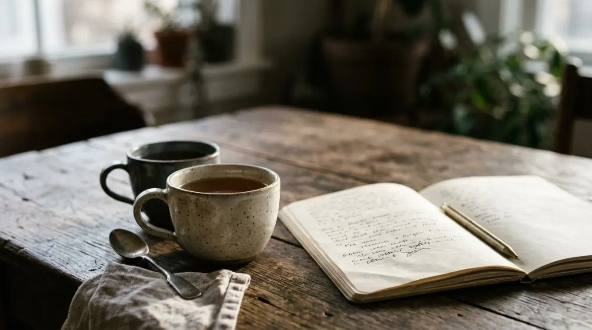 Duas xícaras de chá e um caderno de anotações sobre uma mesa de madeira
