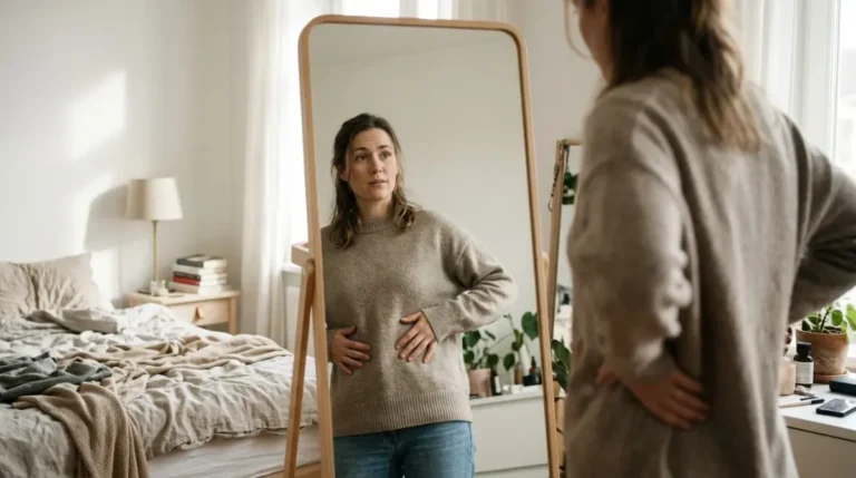 Mulher diante do espelho em um quarto claro olhando para si com expressão incerta, insegurança com a própria imagem
