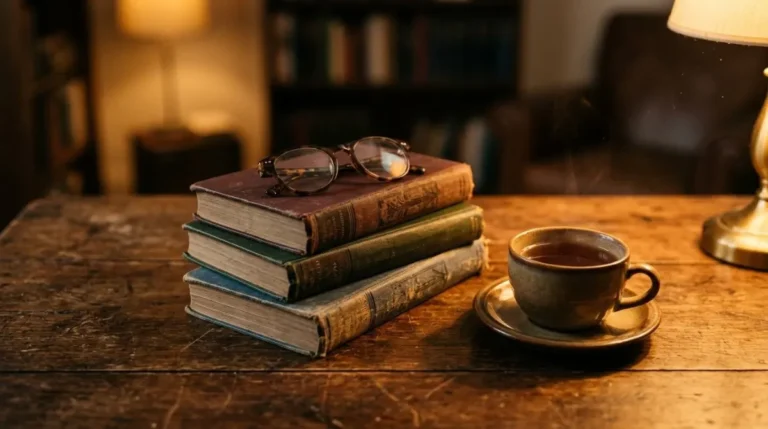 Pilha de livros e xícara de chá sobre uma mesa de madeira sob luz de abajur