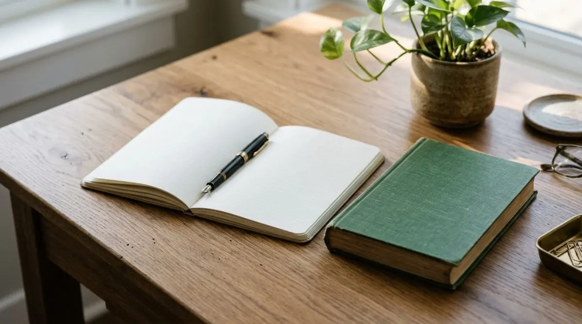Caderno de anotações aberto ao lado de um livro e uma caneta sobre a mesa