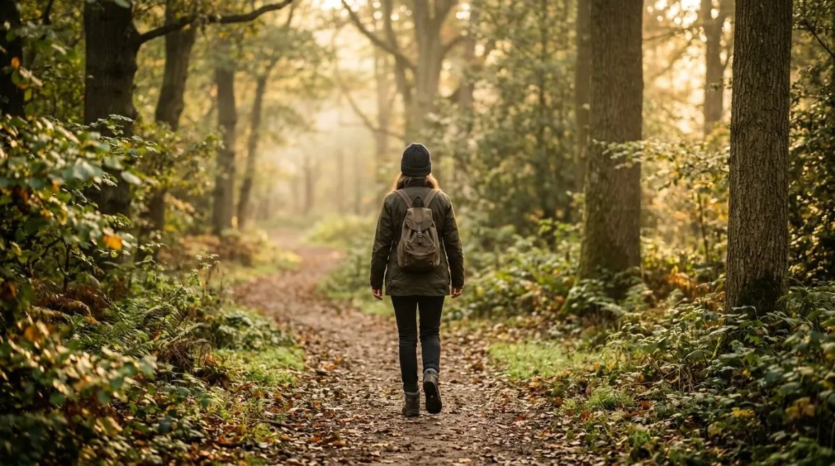 Uma pessoa caminhando devagar em um parque arborizado ao amanhecer, ritmo calmo