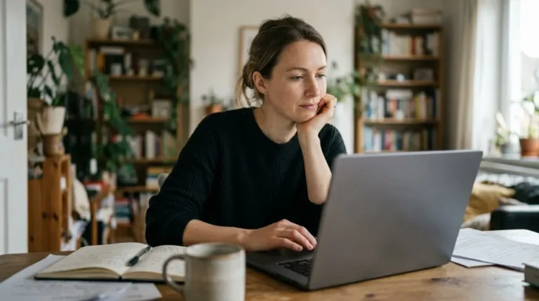 Mulher com a mão parada sobre o teclado do notebook, hesitando por medo de errar