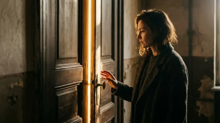 Mulher diante de uma porta entreaberta com luz dourada hesitando em entrar, símbolo do medo de merecer