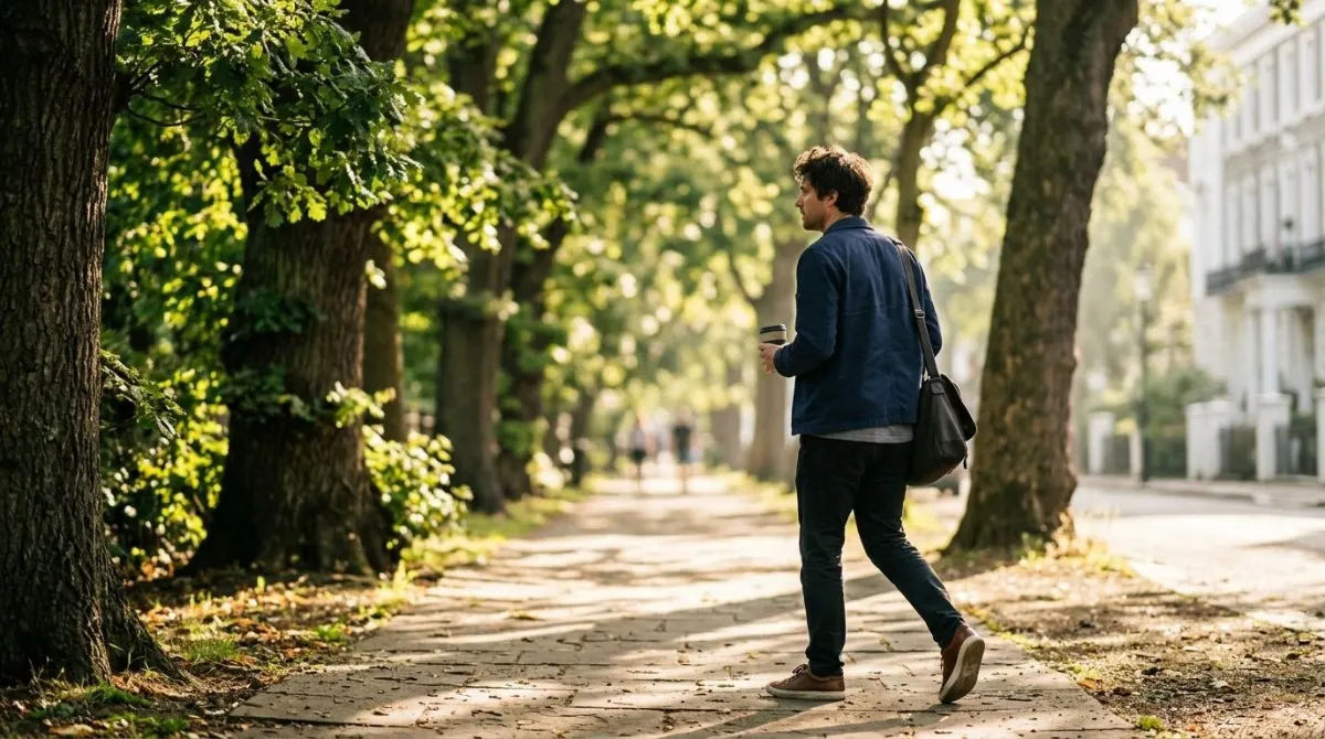 Um homem caminhando em uma calçada arborizada ao sol da manhã, ritmo leve